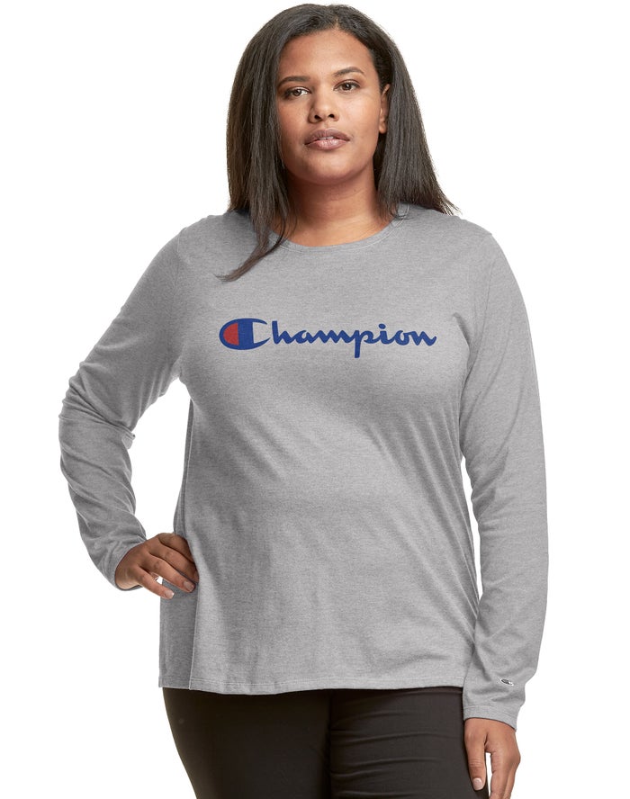 Champion Plus Classic Long-Sleeve Script Logo Kadın Tişört Gri ( FDSHGR641 )